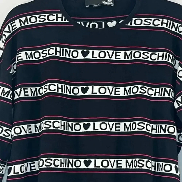 LOVE MOSCHINO Women Long Sleeve sweatshirt Crew-Neck Striped Sz 8 Logo Black - Picture 4 of 10